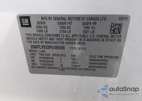 2015 GMC Terrain Slt-2 z USA, uszkodzony, nr VIN 2GKFLYE33F6306309